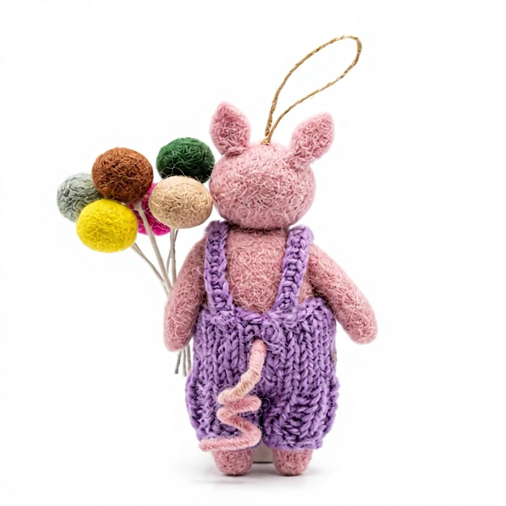 Felt Wool Pig Ornament with Purple Overalls and Colorful Felt Ball Bouquet Cartoon Animal Christmas Decoration – view 4