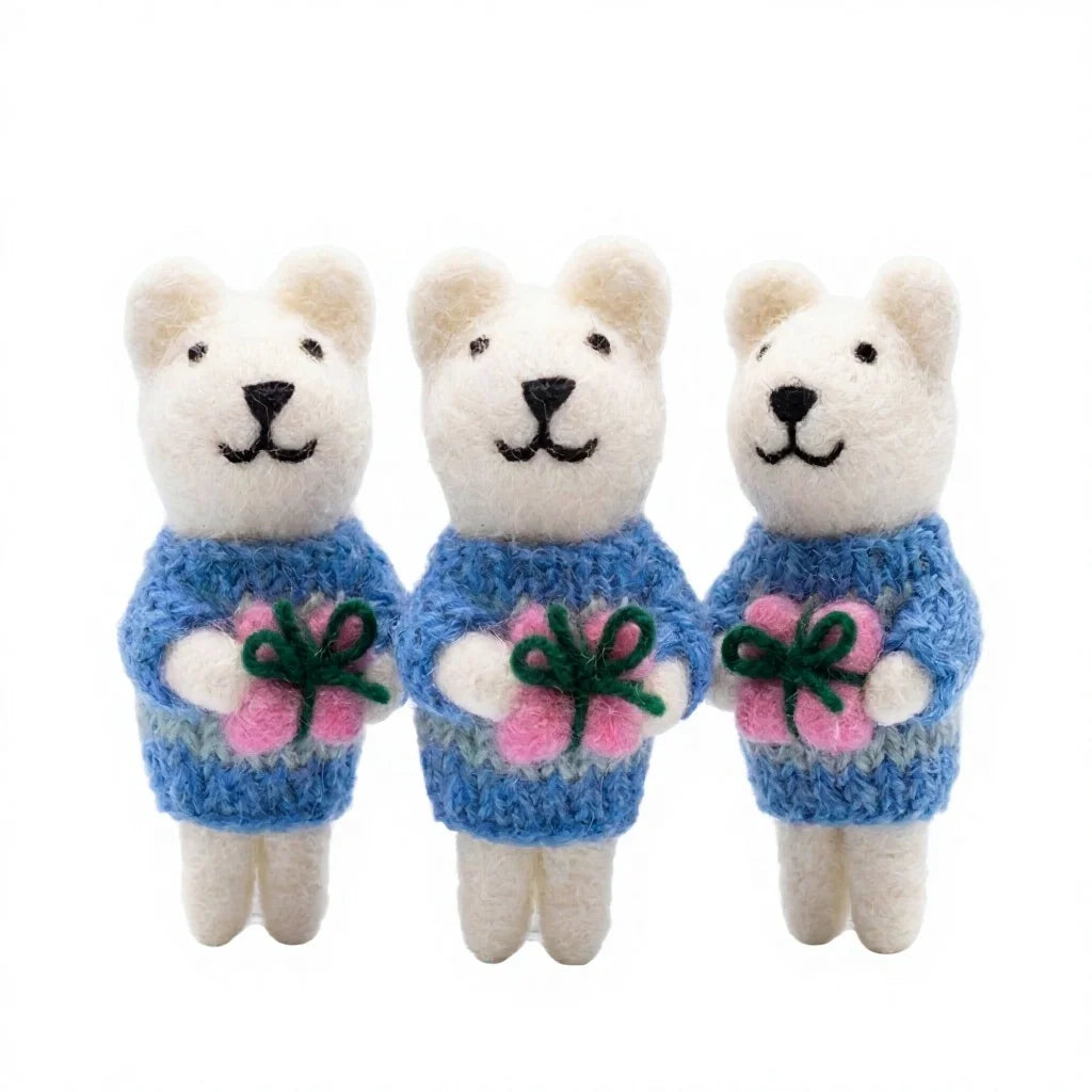 Felt Wool Bear Ornament with Pink Flower and Blue Sweater – handmade by Best Himalaya