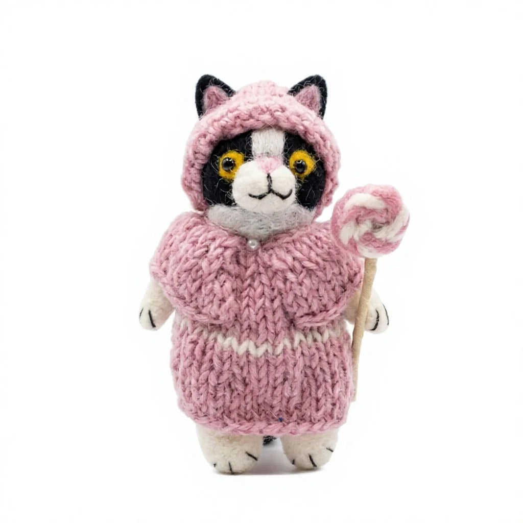 Felt Wool Cat Doll in Pink Hooded Sweater with Lollipop Cartoon Animal Decoration – view 2