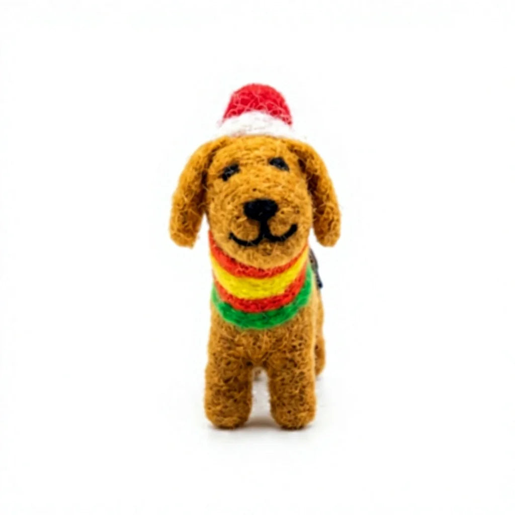 Felt Wool Dog Christmas Decoration with Santa Hat and Rainbow Scarf – view 2