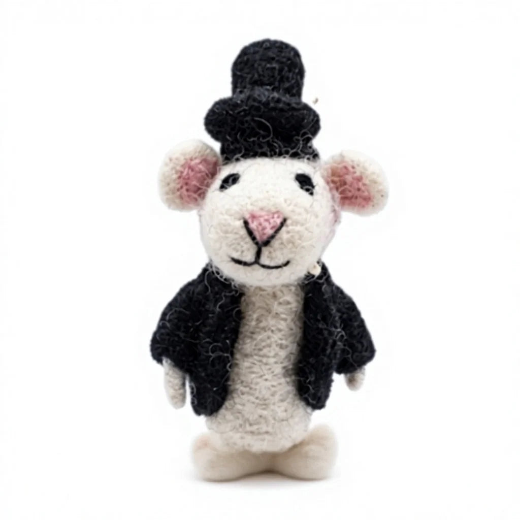 Felt Wool White Mouse Doll with Black Hat and Jacket Handmade Cartoon Animal Christmas Decoration – view 2