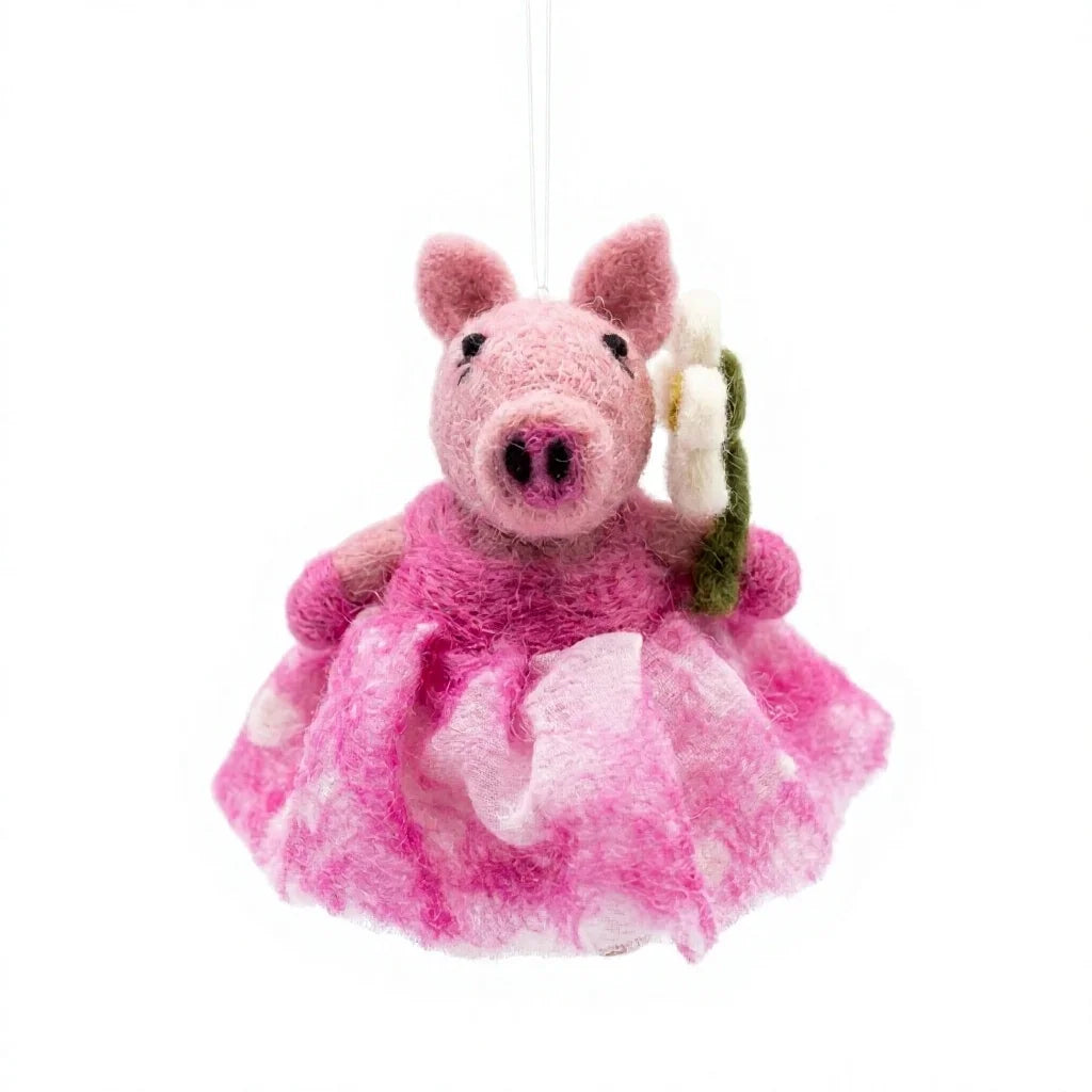 Felt Wool Pig Christmas Ornament with Pink Skirt Flower Handmade Cartoon Animal Decor – view 2