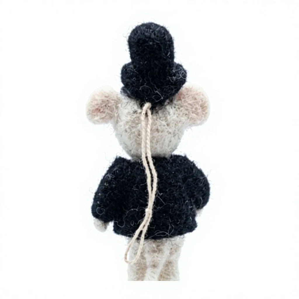 Felt Wool White Mouse Doll with Black Hat and Jacket Handmade Cartoon Animal Christmas Decoration – view 4