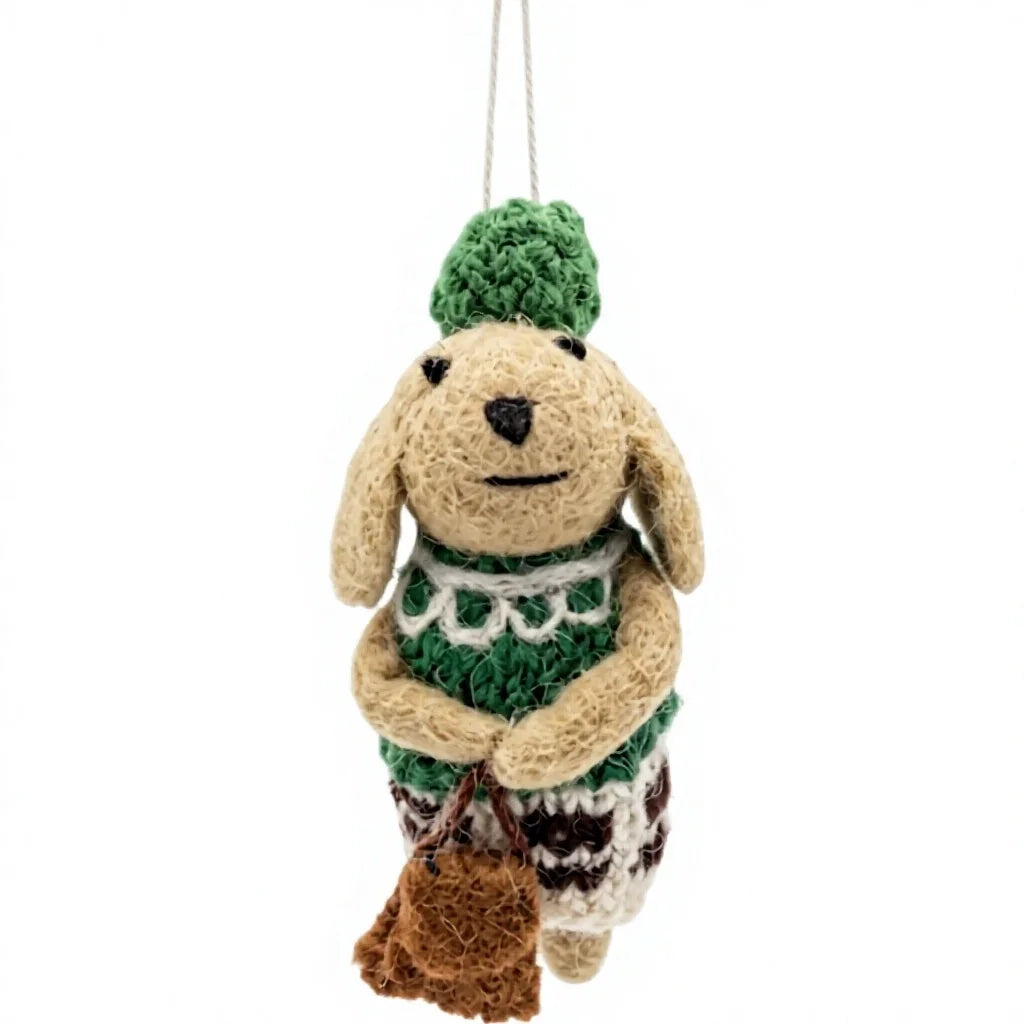 Felt Wool Jute Bunny Christmas Ornament with Green Hat and Burlap Bag Rustic Indoor Decor – view 2