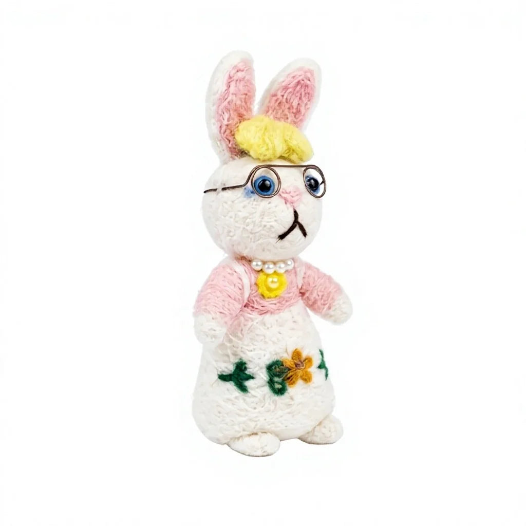 Felt Wool Rabbit Doll Christmas Ornament with Glasses Pink Dress Embroidered Flower – view 3