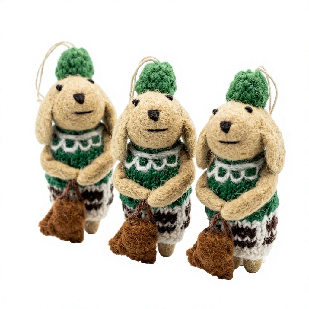 Felt Wool Jute Bunny Christmas Ornament with Green Hat and Burlap Bag Rustic Indoor Decor – handmade by Best Himalaya