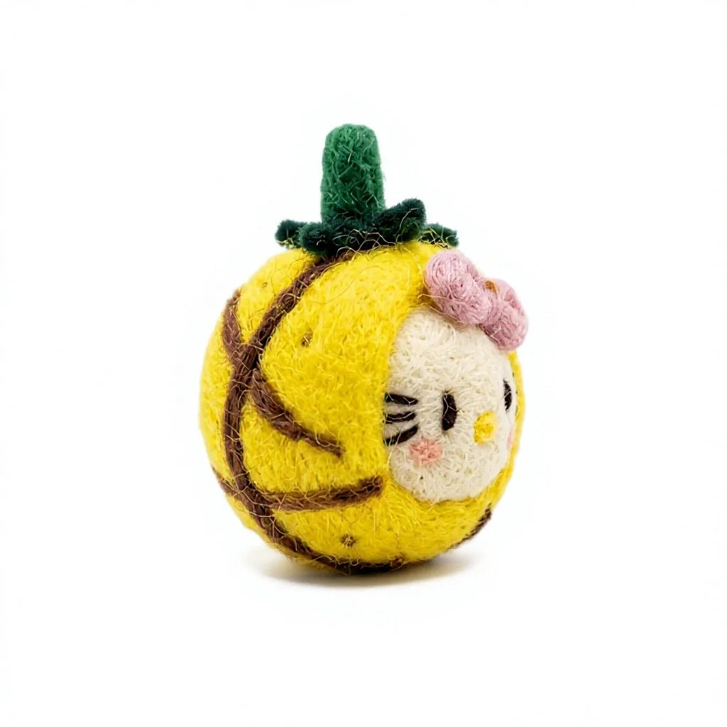Felt Wool Cat Christmas Ornament Yellow Round with Pink Bow Cartoon Decor – view 3