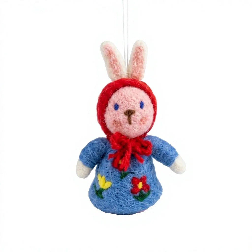 Felt Wool Bunny Dolls with Red Hood Blue Floral Dress Embroidered Felt Christmas Decoration – view 2
