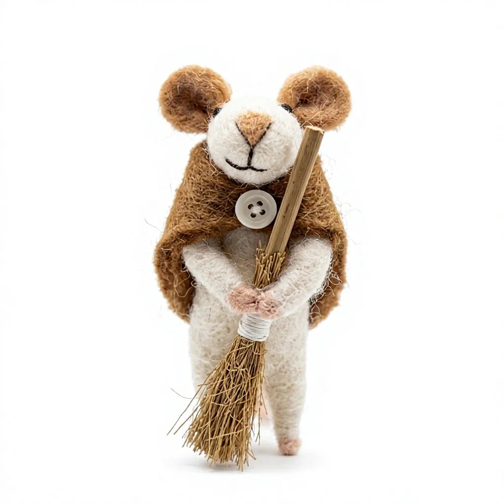 Felt Wool Mouse Ornament with Broom Rustic Christmas Decoration – view 2