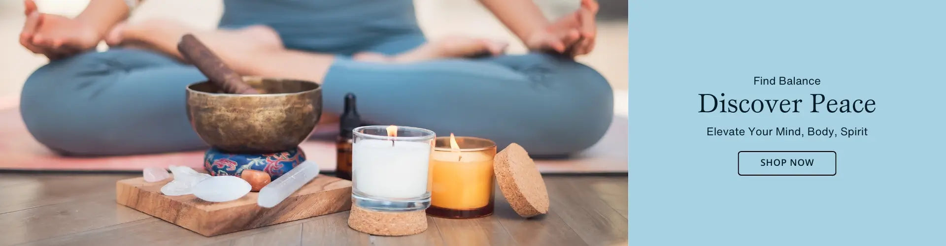 Singing bowl with candles and crystals for meditation, promoting balance and peace of mind