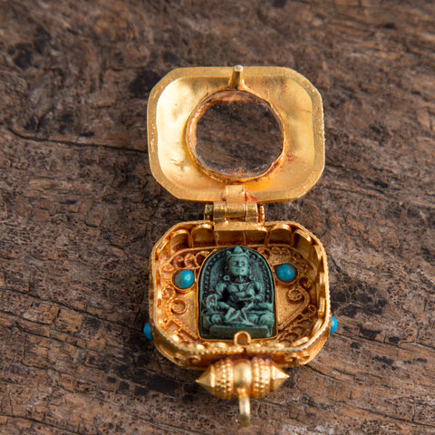 Gold plated  Square Tibetan Ghau Pendant  Precious Stone Embedded