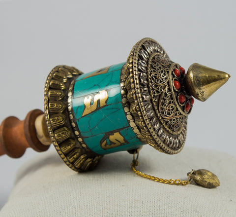 Dharma Wheel - Buddhist Tibetan Mantra Small  Hand Held Turquoise Prayer Wheel