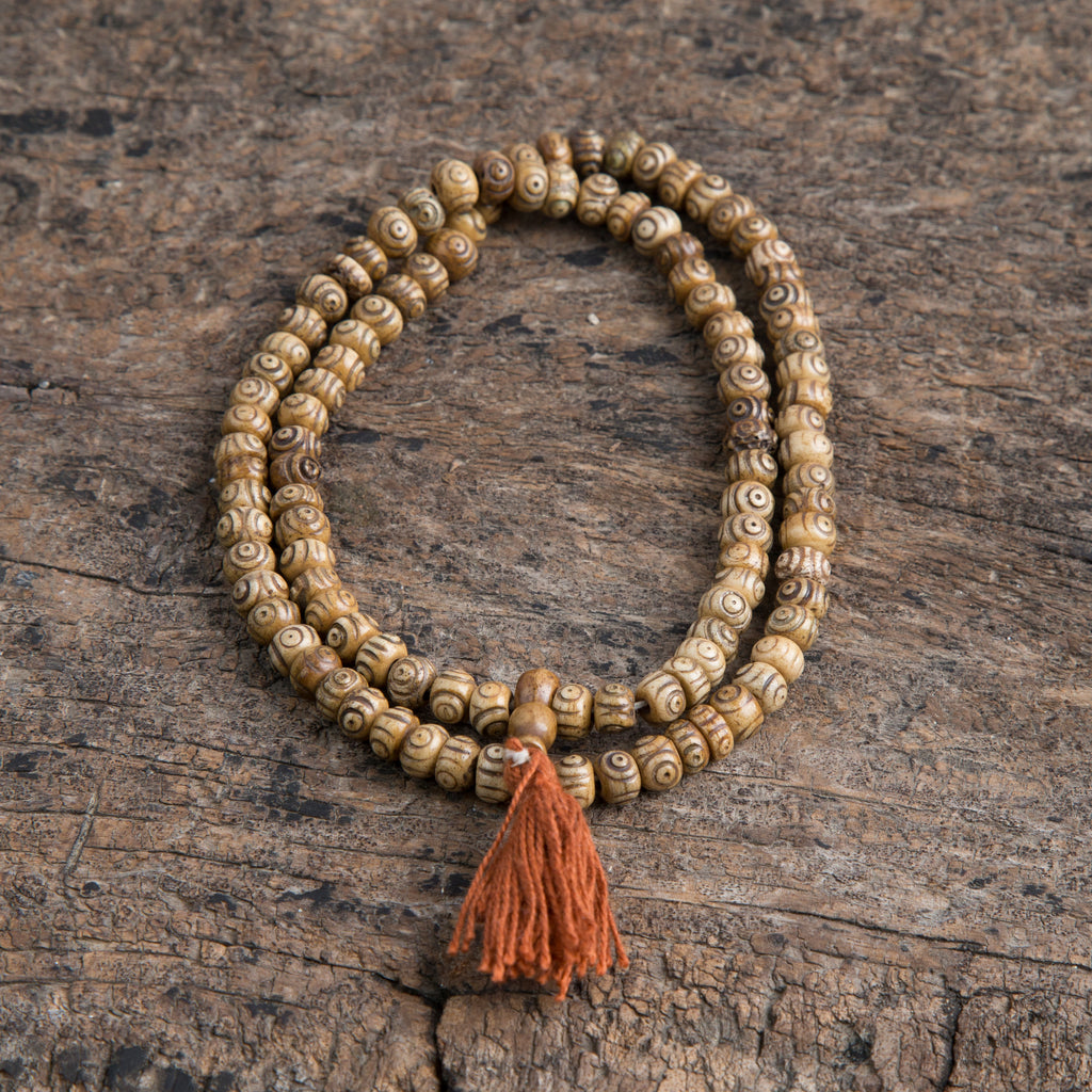 Tibetan Rosary 108 Beads, Carved Mala Bead, Yak Bone Rosary