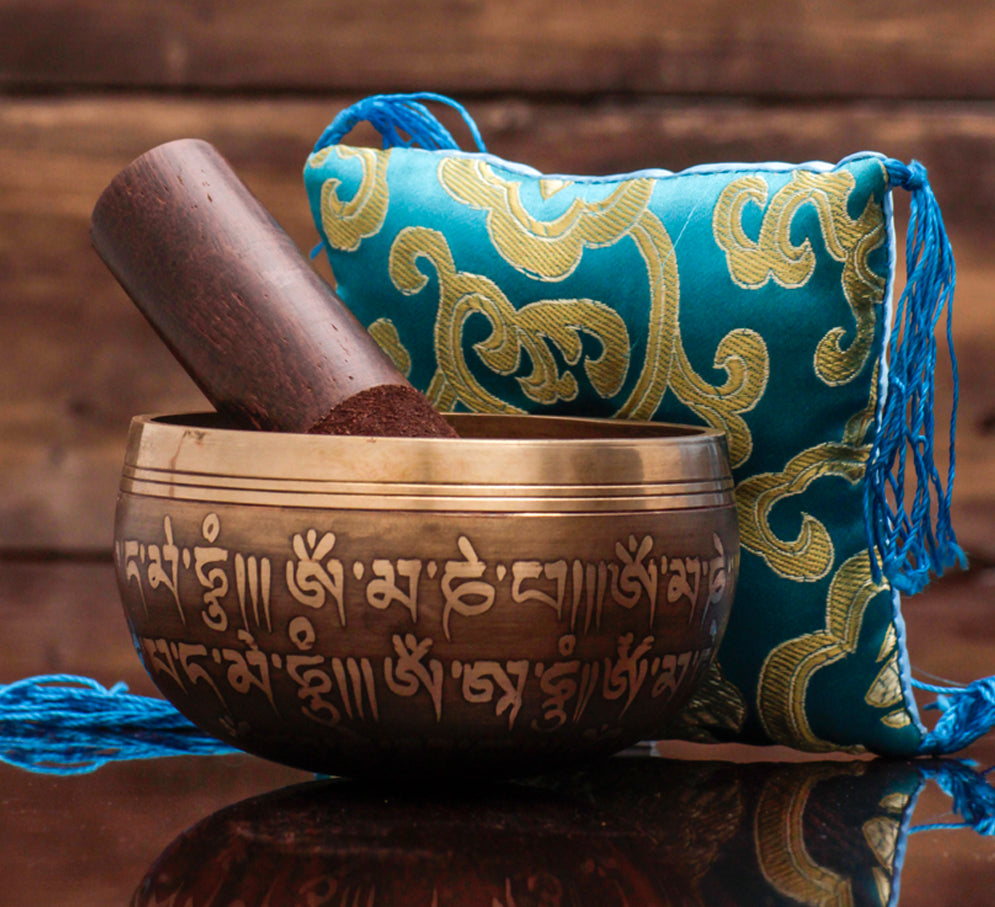 Buddha Mantra Carved Singing Bowl Mallet & Pillow Set