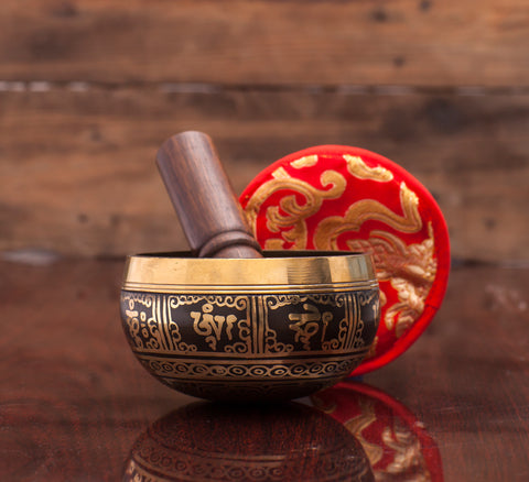 Black Color Chakra Singing Bowl With Tibetan & Buddhist Art