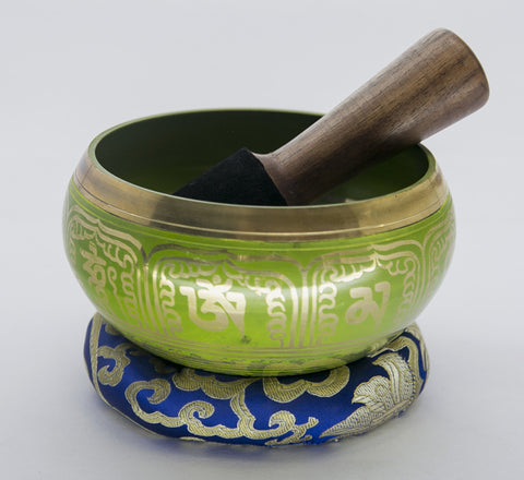 Green Tibetan Singing Bowl with Blue Ring Cushion