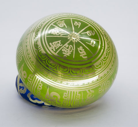 Green Tibetan Singing Bowl with Blue Ring Cushion